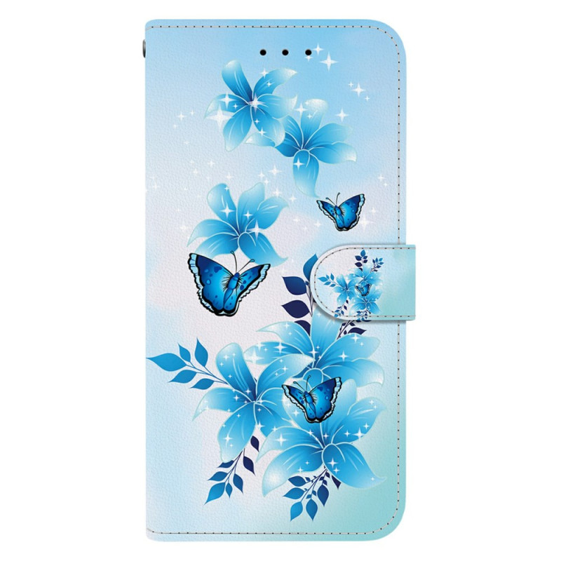 Capa azul com flores e borboletas para Xiaomi Redmi 14C / Poco C75