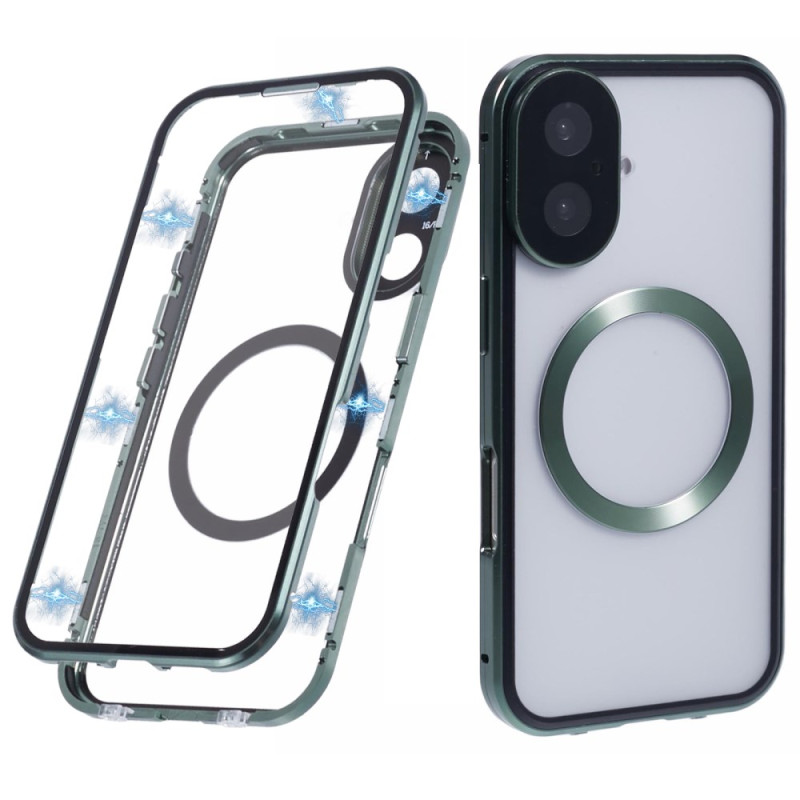 Capa de vidro temperado dupla face para iPhone 16 com moldura metálica