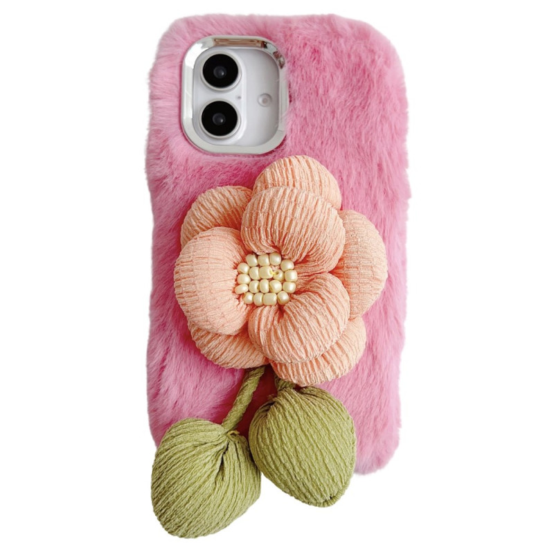 Capa de pelúcia para iPhone 16 com flor 3D