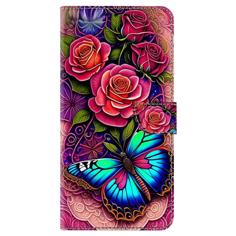 Capa para Moto G85 5G Borboleta Flores Ciano e Vermelhas