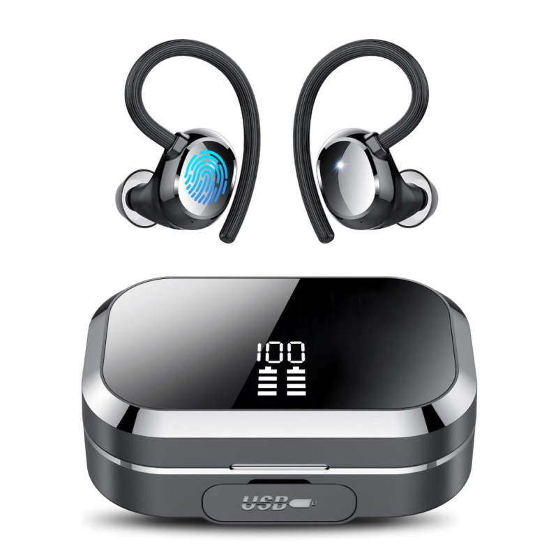 Auriculares
com função de bateria externa e ganchos para os ouvidos TWS