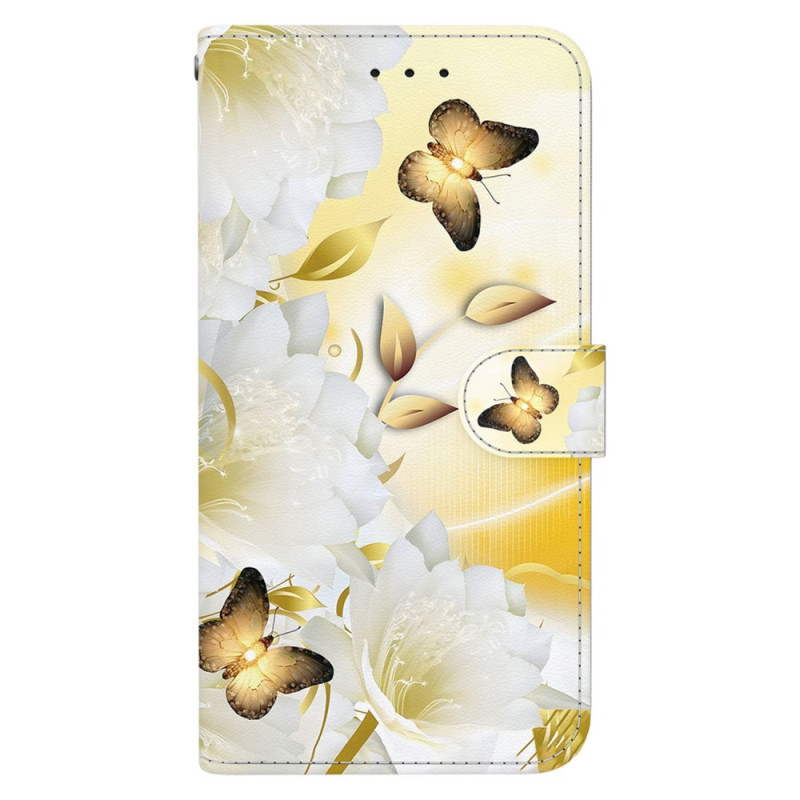 Capa Realme Note 60X / C63 / C61 Preto Rosa Borboletas douradas e flores brancas