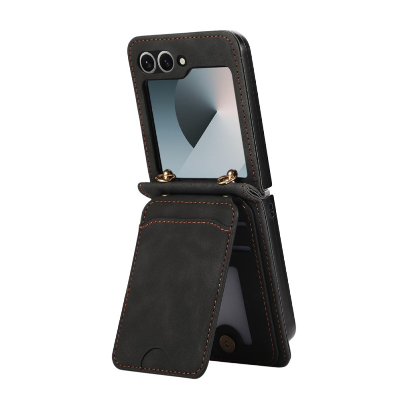 Samsung Galaxy Z Flip 7 Capa de couro com efeito de couro, porta-cartões e alça de ombro