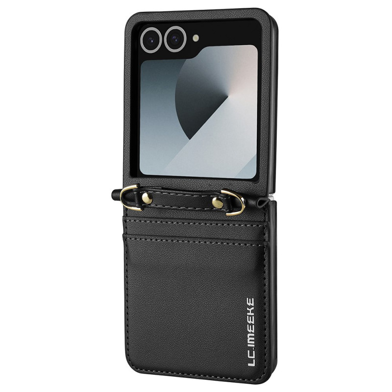 Samsung Galaxy Z Flip 7 5G Capa
 em pele com suporte para cartões e alça de ombro