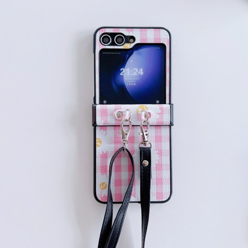 Capa Samsung Galaxy Z Flip 7 FE / Z Flip 6 Padrões florais e axadrezados com alça de ombro