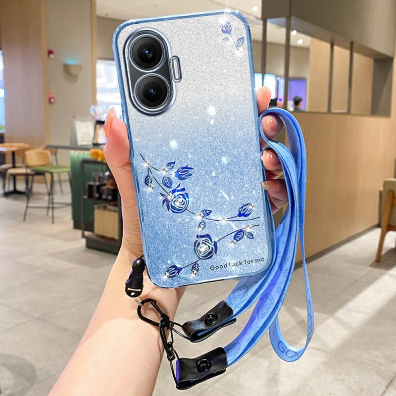 Capa com cordão de flores e strass para Poco F7