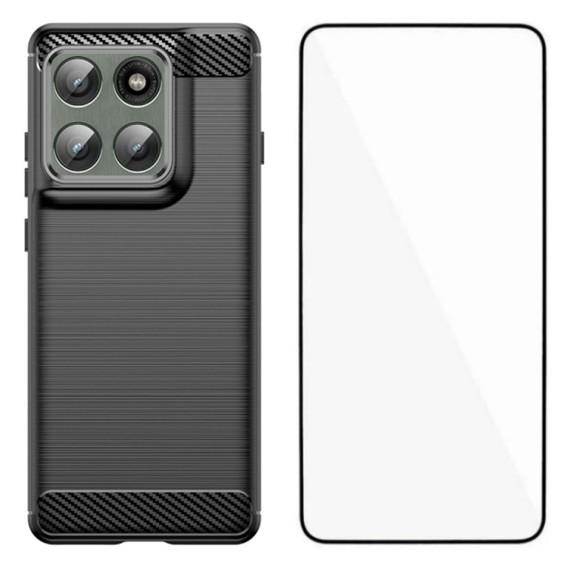 Capa Motorola Edge 60 Pro em fibra de carbono escovada com proteção de ecrã em vidro temperado