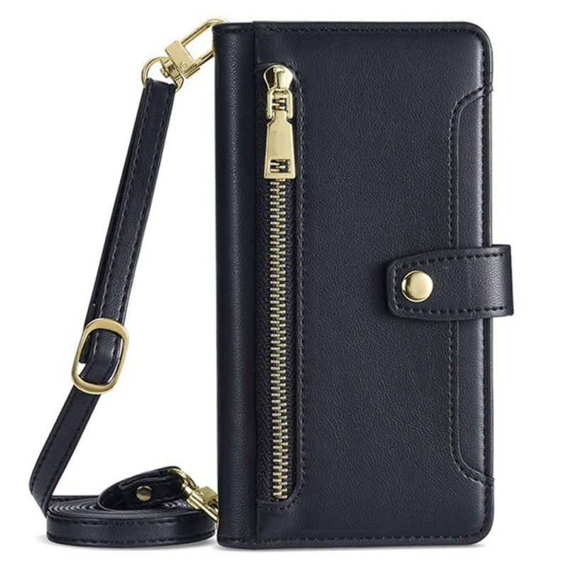 Capa para carteira com fecho de correr para Xiaomi 14T com cordão e alça de ombro
