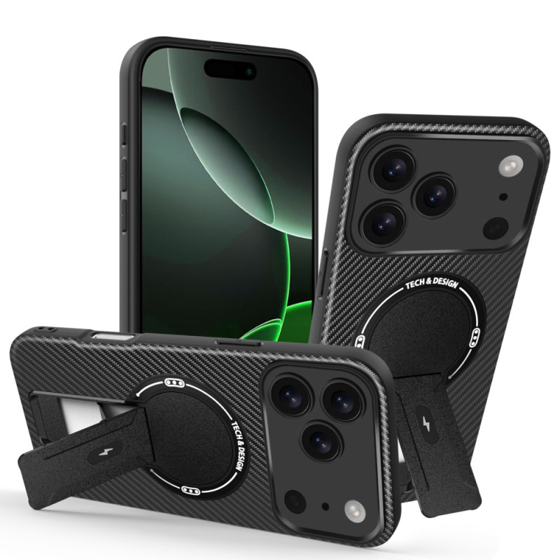 Capa para iPhone 17 Pro Max com textura de fibra de carbono e suporte