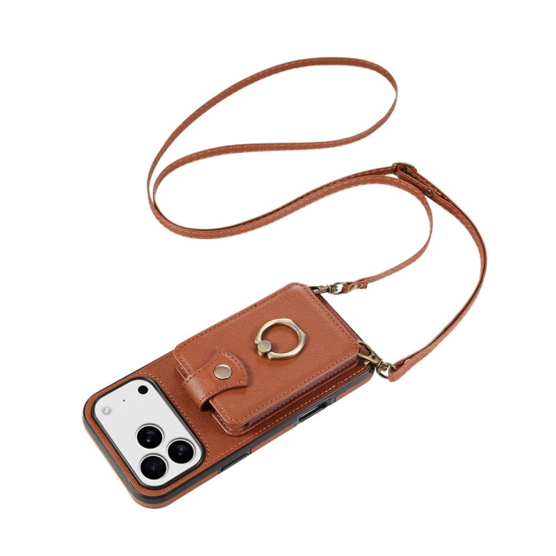 Capa para iPhone 17 Pro Max com efeito de pele, suporte para cartões e alça de mão