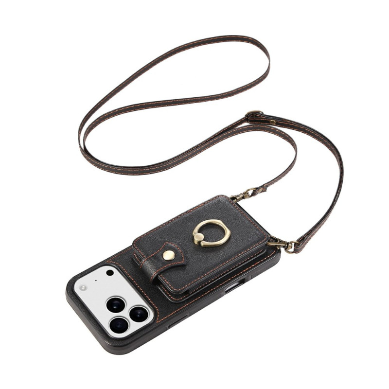 Capa para iPhone 17 Pro Max com efeito de pele, suporte para cartões e alça de mão