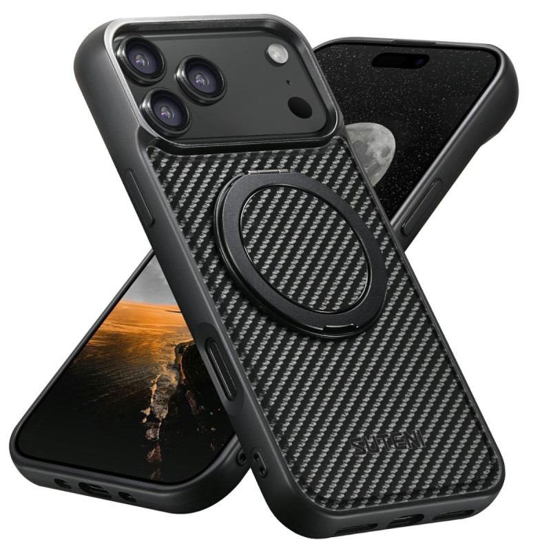 Capa para iPhone 17 Pro Suporte rotativo e textura de fibra de carbono
