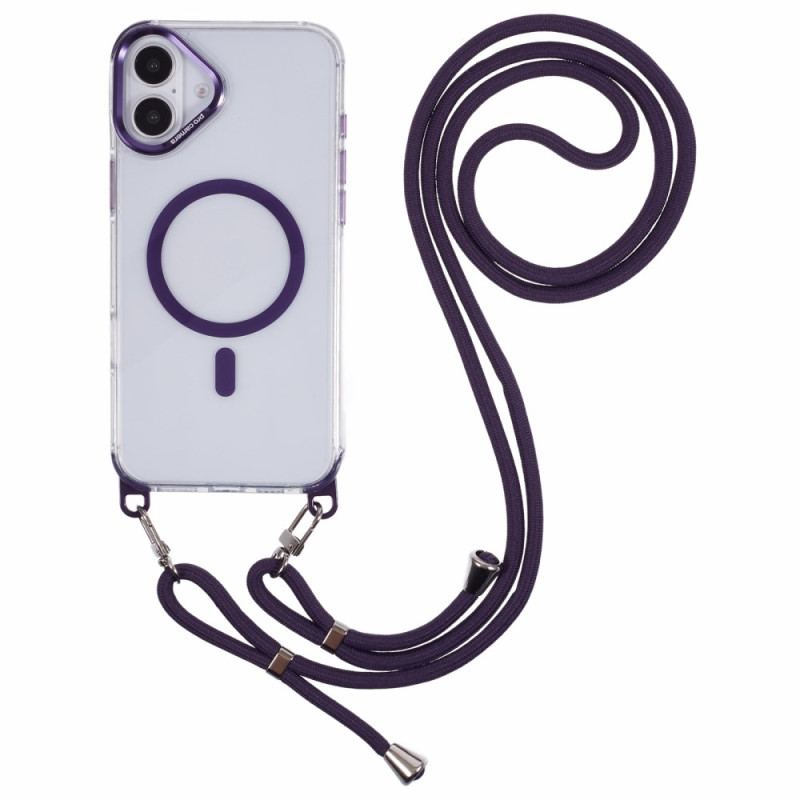 Capa com cordão para iPhone 16 Plus com estrutura metálica