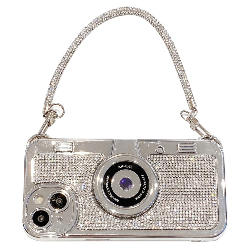 Capa para câmara iPhone 15 com decoração de strass e corrente