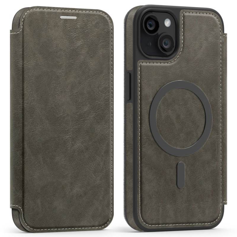 Capa flip para iPhone 15 Plus MagSafe com porta-cartões RFID com efeito de pele