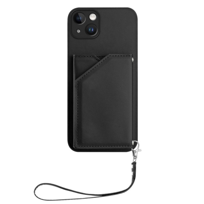 Capa para iPhone 15 Plus com efeito de camurça, porta-cartões e cordão