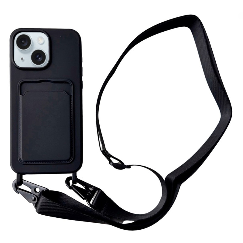 Capa
com cordão para iPhone 15 Plus com efeito de pele e suporte para cartões