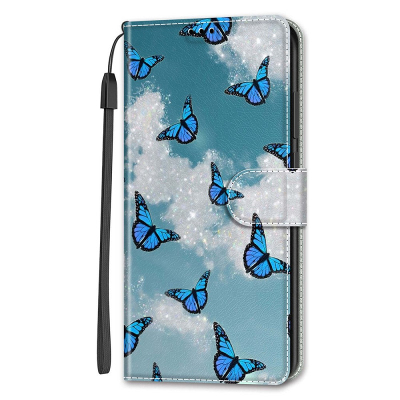 Capa iPhone 14 Nuvens brancas e borboletas azuis