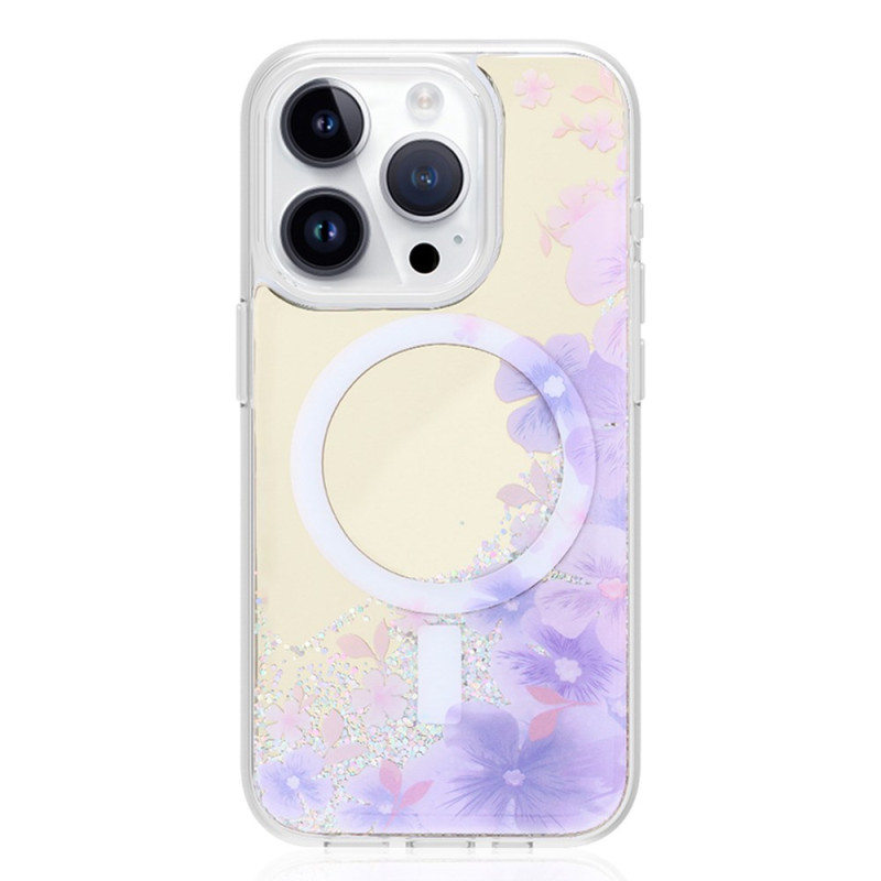 Capa MagSafe para iPhone 14 Pro com padrão floral e superfície espelhada