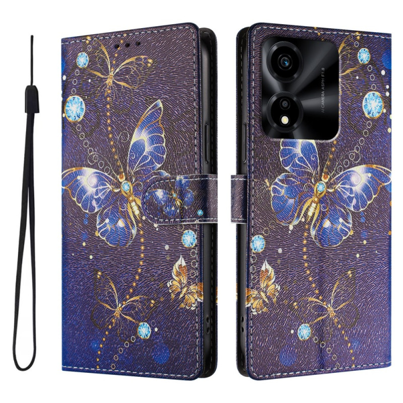 Capa para Honor X5c Plus azul e dourada com borboletas