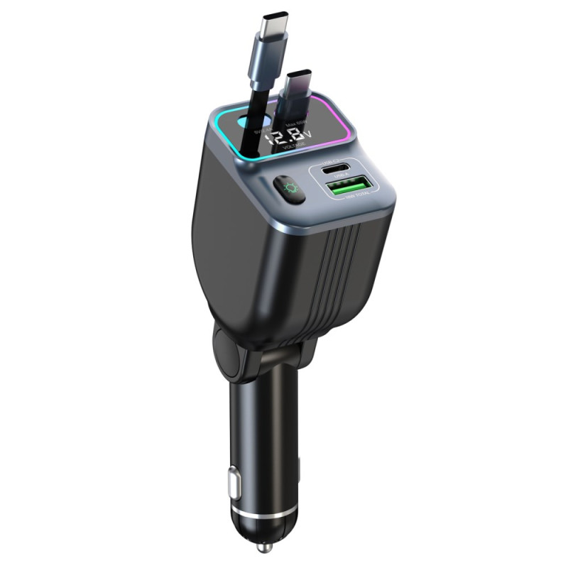 Cabo duplo USB-C digital retrátil para carregador de automóvel