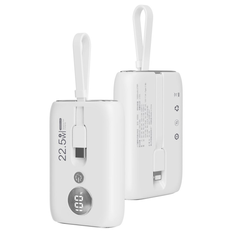 Bateria externa ROISKIN 10000mAh com cabos integrados e ecrã digital