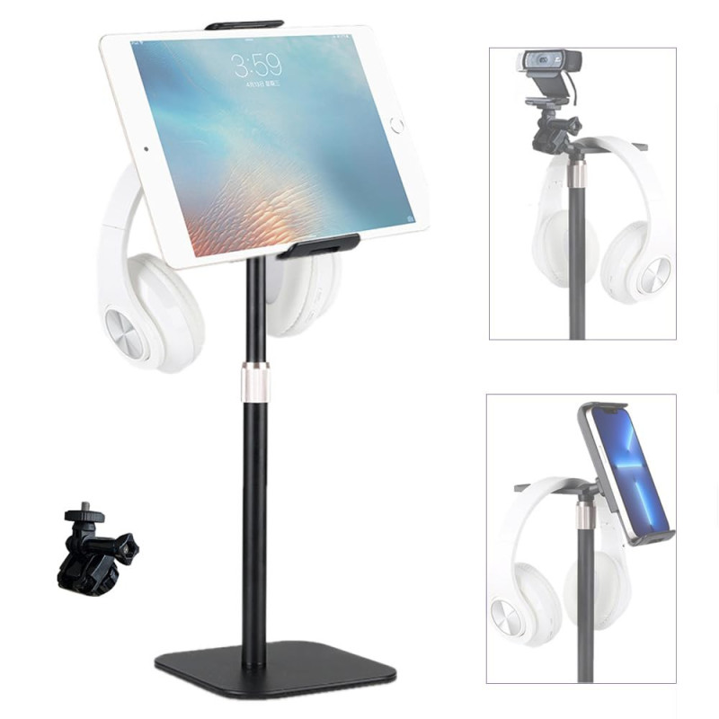 Suporte de secretária ajustável para telemóvel e tablet com suporte para auriculares
