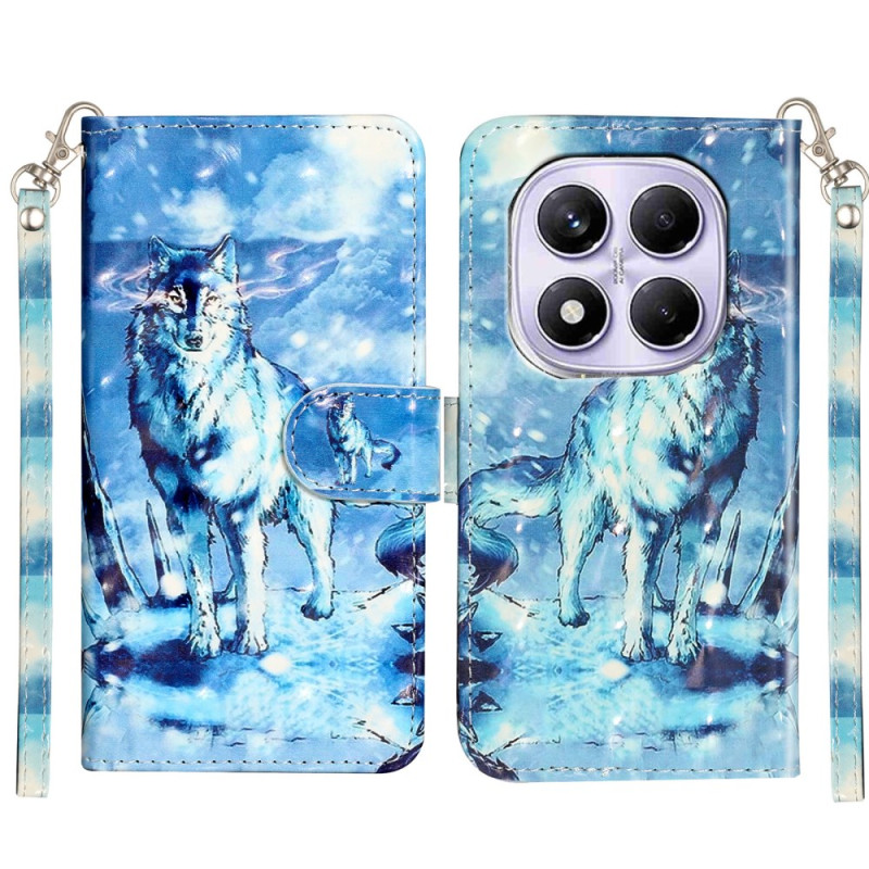 Capa de carteira com aba com padrão de lobo da neve 3D e alça de mão para Xiaomi Redmi Note 15 / Poco M8 5G