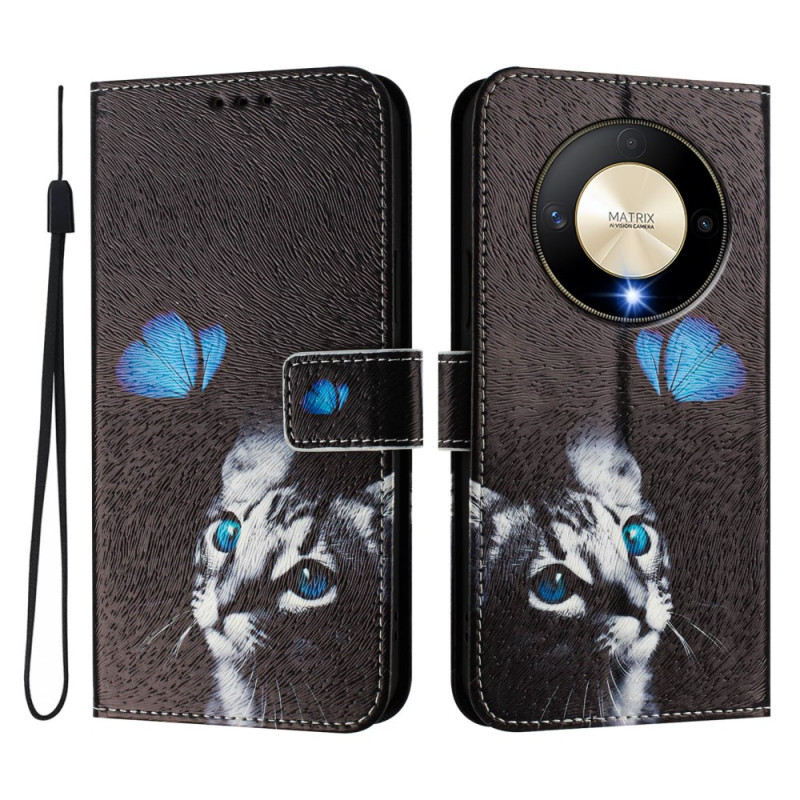 Capa azul borboleta e gato para Honor Magic 6 Lite / X9b
