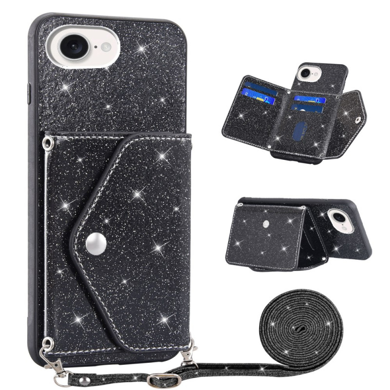 Capa rígida para iPhone 17E / 16E Glitter Card Case com alça de ombro