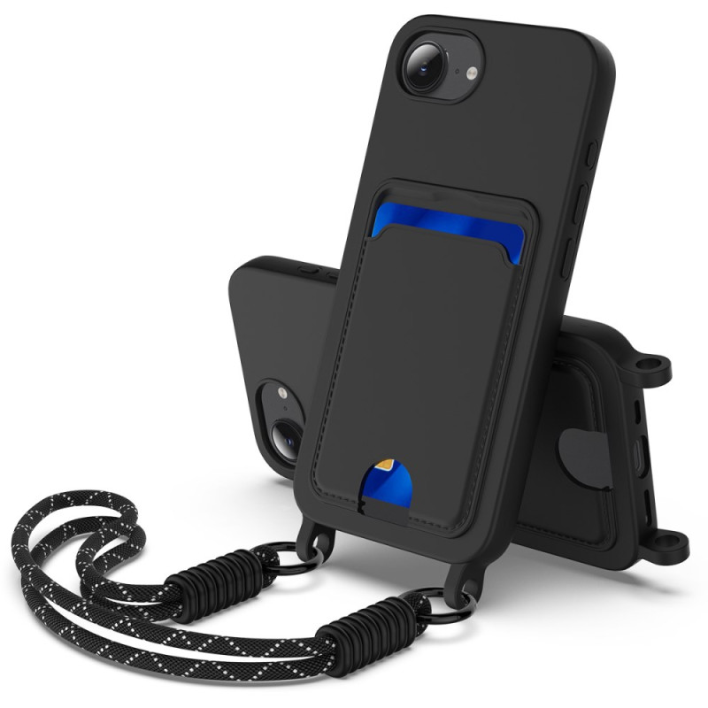 Capa com cordão de silicone líquido para iPhone 17E / 16E com suporte para cartões e cordão