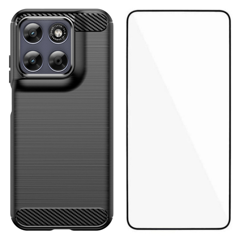 Capa de fibra de carbono escovada para Moto G77 / G67 com protetor de ecrã