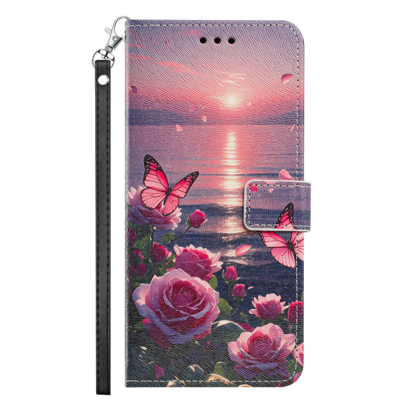 Capa para Honor 600 Smart com borboletas cor-de-rosa e alça