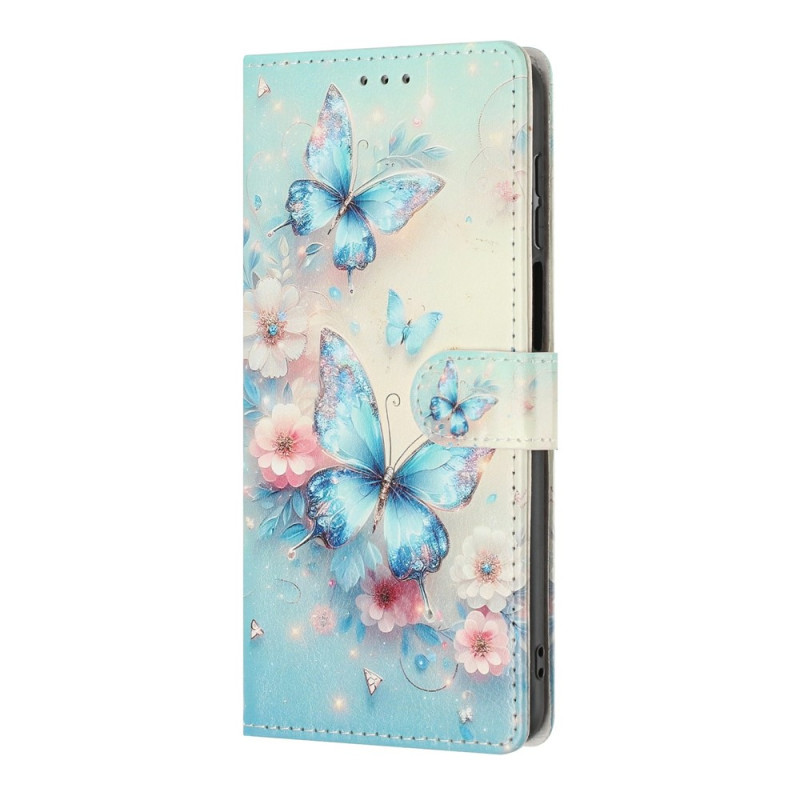 Capa para o Xiaomi 17T com padrão de flores cor-de-rosa e borboletas azuis