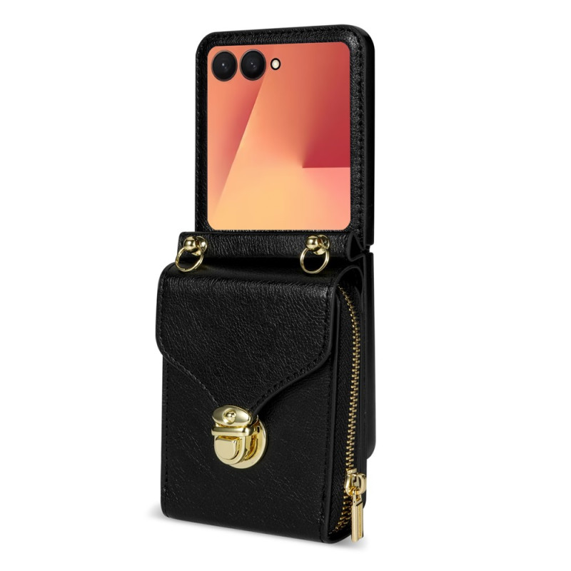 Capa para Samsung Galaxy Z Flip 8 tipo carteira, com bolso com fecho e alça de ombro