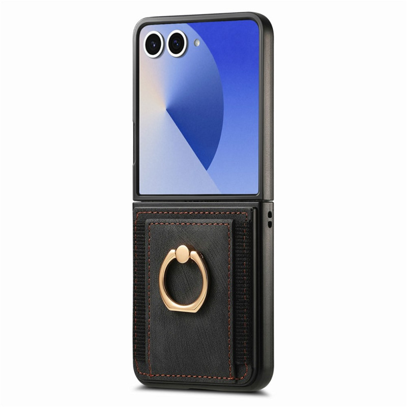 Capa para Samsung Galaxy Z Flip 8 com efeito de couro retro, porta-cartões e anel de suporte