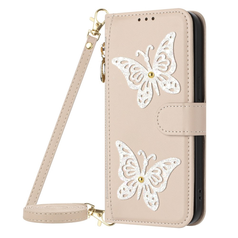 Capa para Samsung Galaxy A27 5G com borboleta brilhante, alça de ombro e cordão