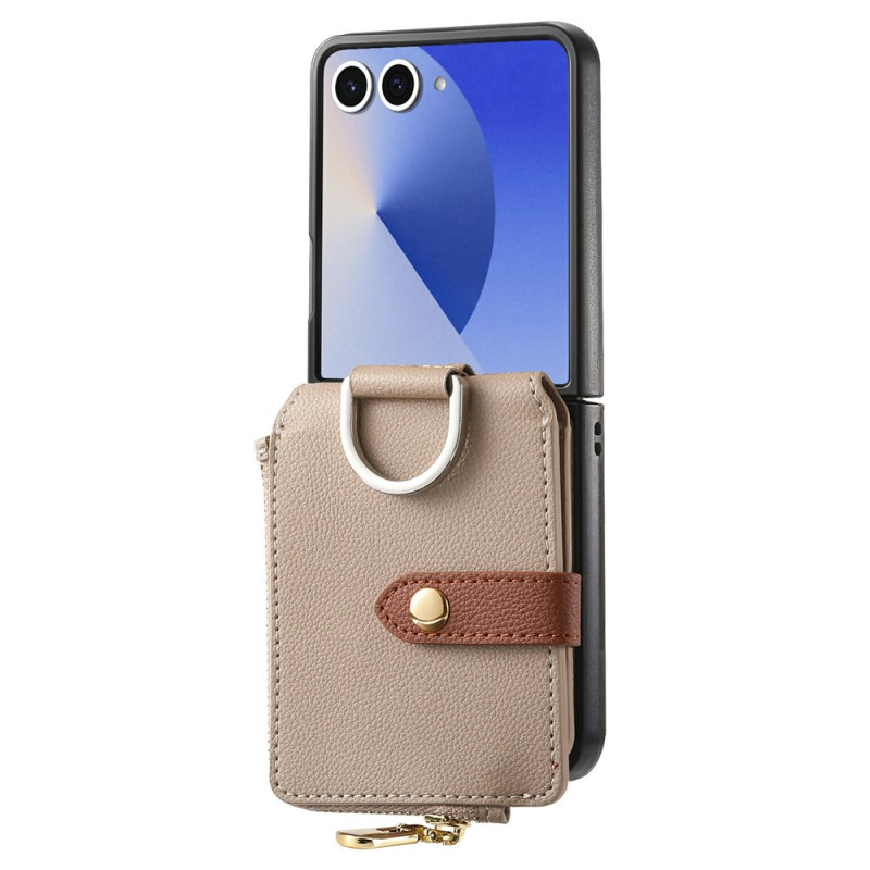 Capa para Samsung Galaxy Z Flip 8 com porta-cartões com fecho de correr e efeito de couro granulado