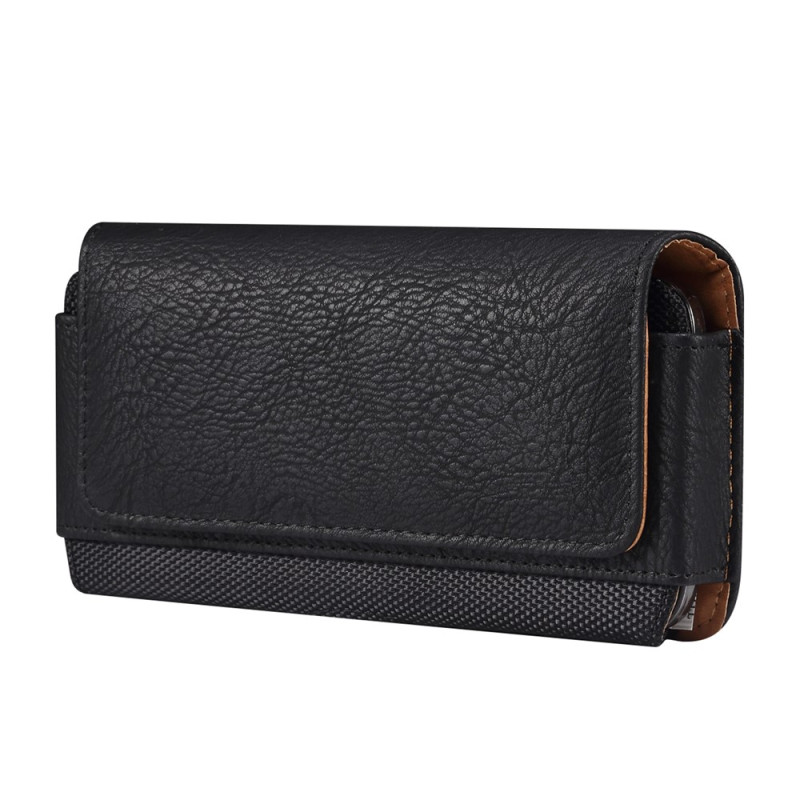 Capa horizontal para cinto em PU com textura de couro de vaca e nylon para smartphone de 6,2 a 6,5 polegadas
