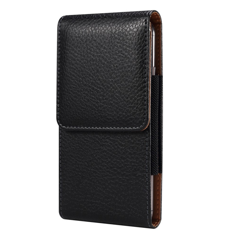 Capa vertical para cinto em couro PU com textura de lichia e clipe para smartphone de 6,7 a 6,9 polegadas