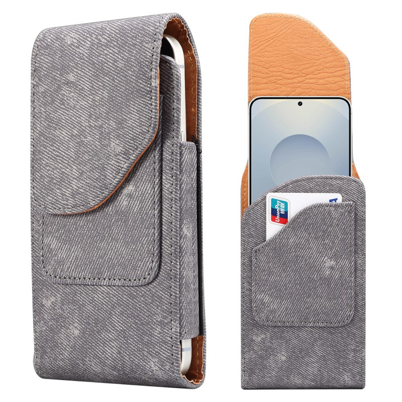 Capa universal para cinto em PU com aspeto de ganga para smartphone de 6,5 polegadas com porta-cartões