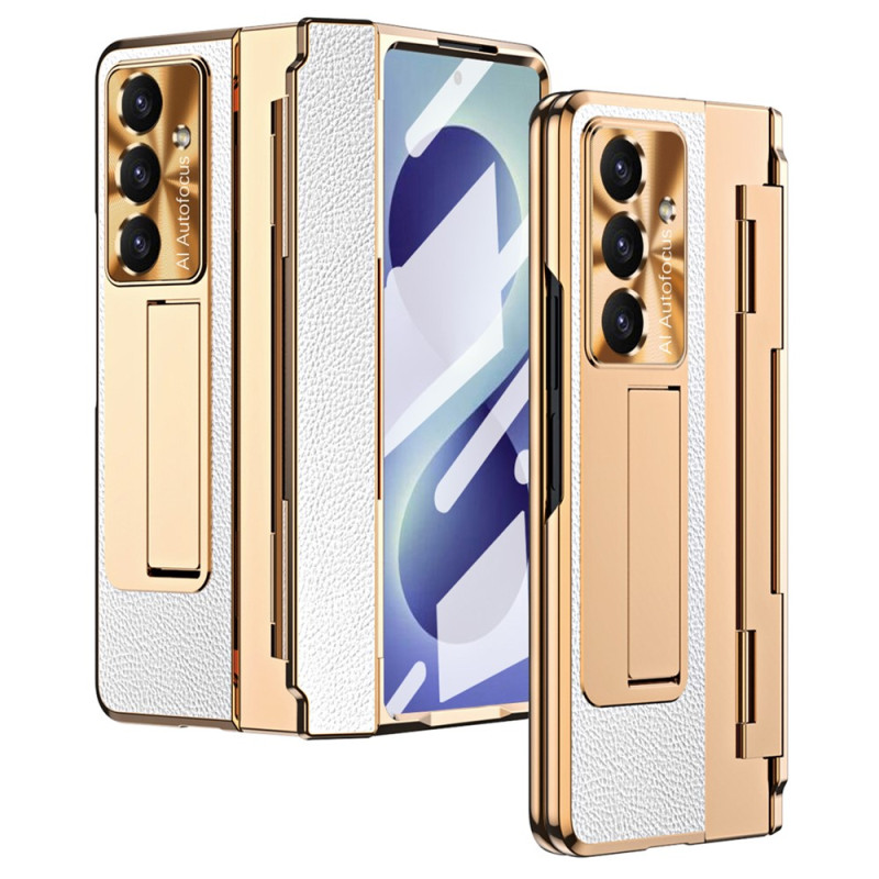 Capa para Samsung Galaxy Z Fold 8 Ultra com efeito metálico e couro, com suporte