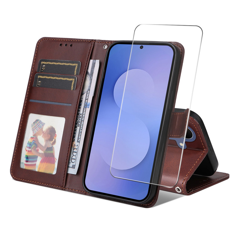 Capa em imitação de couro para Samsung Galaxy S26 FE com protetor de ecrã