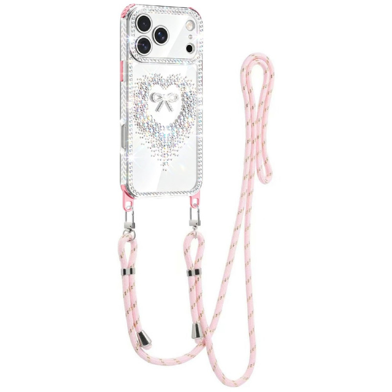 Capa com cordão para iPhone 18 Pro / 17 Pro com coração e strass