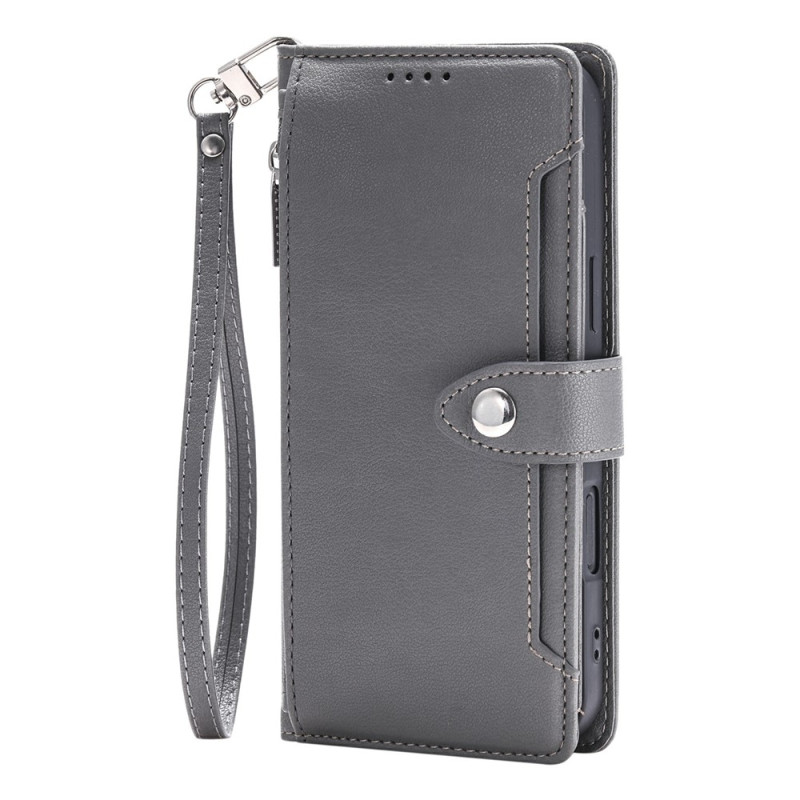 Capa para iPhone 18 Pro / 17 Pro tipo carteira com padrão de pele de lichia e bolso com fecho de correr