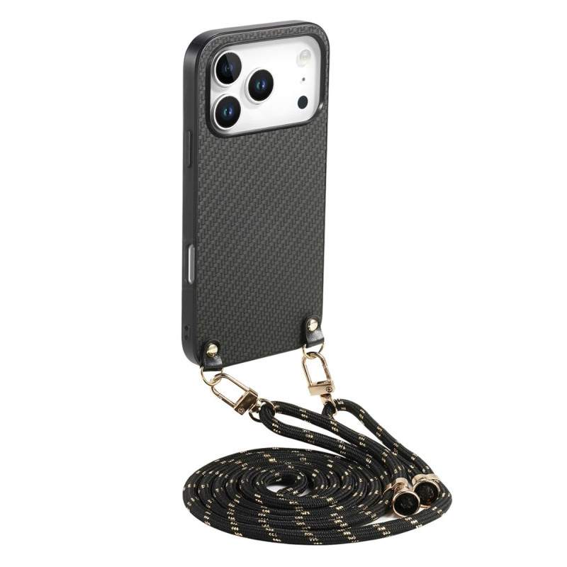 Capa com cordão para iPhone 18 Pro / 17 Pro com efeito de fibra de carbono