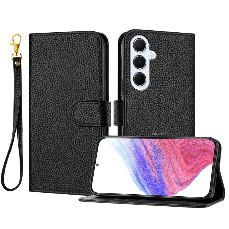 Capa tipo carteira para Samsung Galaxy A18 4G / A17 4G / 5G com padrão de pele de lichia e alça de pulso