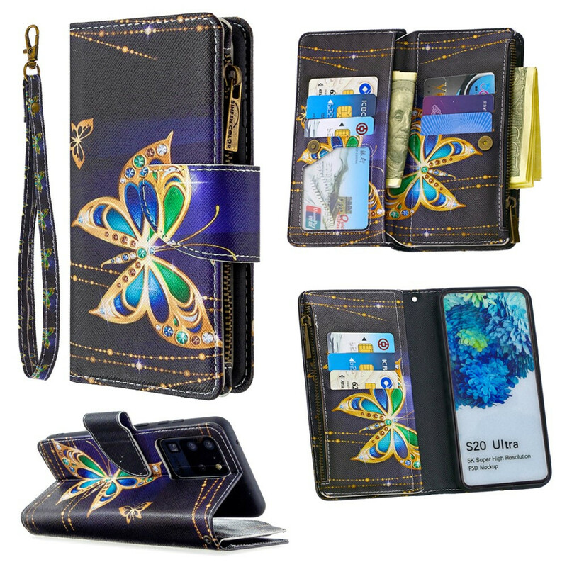 Samsung Galaxy S20 Ultra Case com bolso com zíper Butterfly