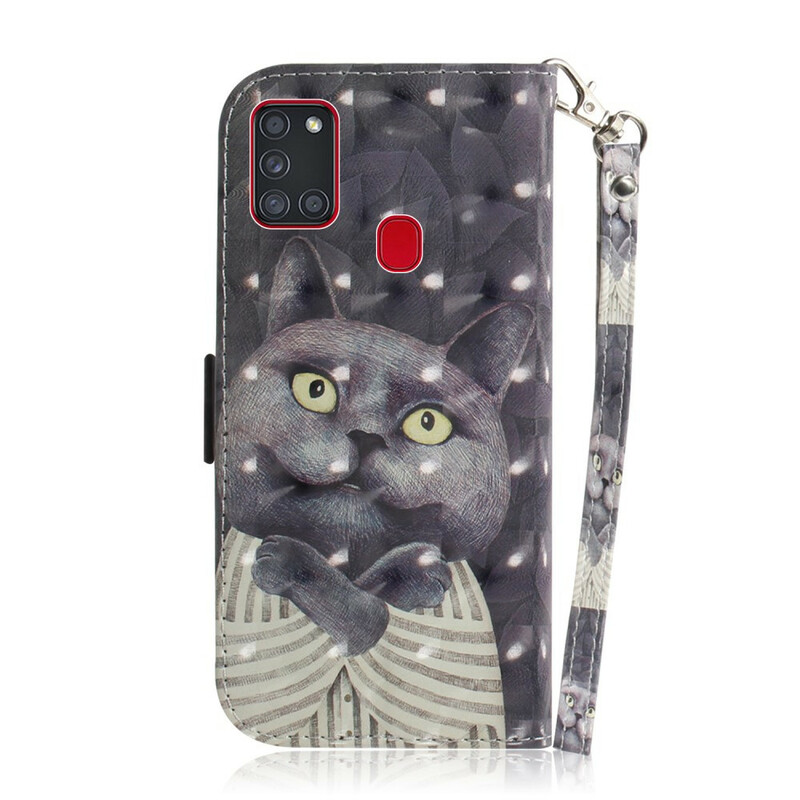 Samsung Galaxy A21s Case Grey Cat with Strap
