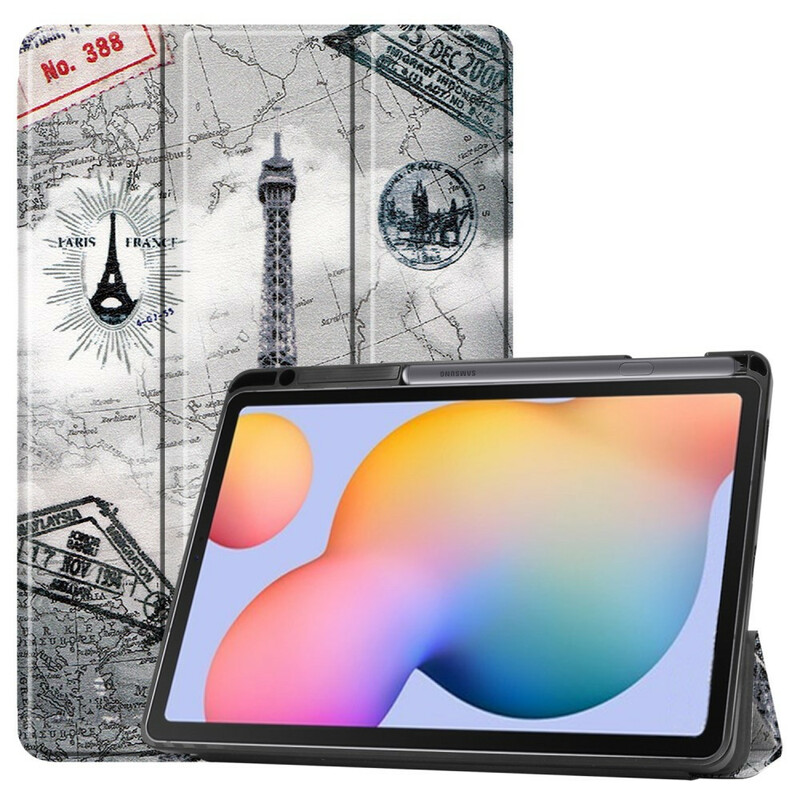 Capa Inteligente Samsung Galaxy Tab S6 Lite Retro Stylo Holder Torre Eiffel